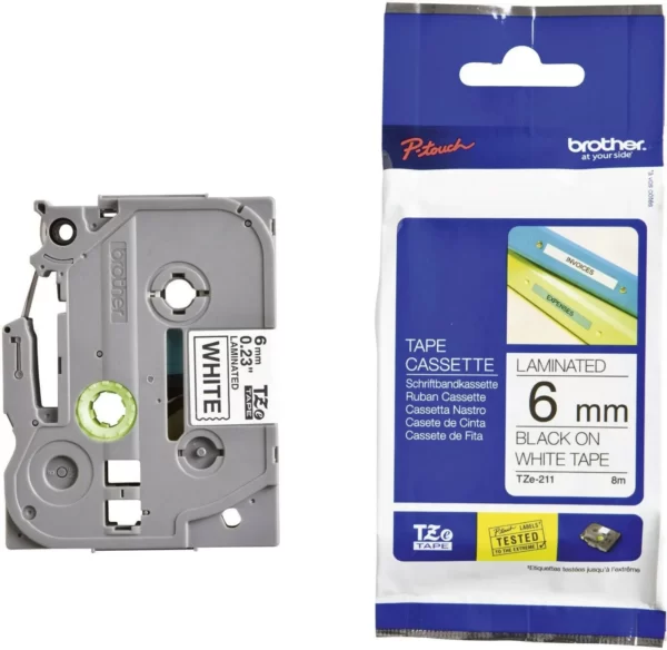 BROTHER Fita Laminada 6mm - Branco/Preto - TZE211