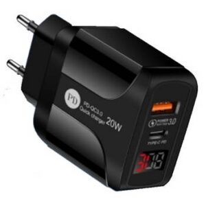 Carregador Parede Power Delivery +Quick Charge 3.0 1x USB-A 1x USB-C 20W Display Preto