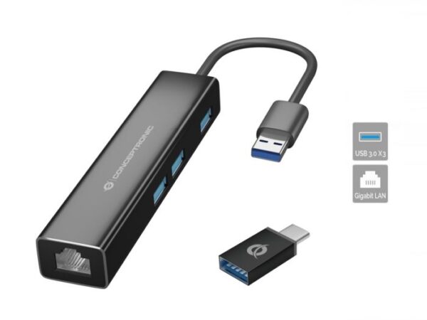 Hub CONCEPTRONIC 3x USB-A 1x RJ45 Gigabit - DONN07BA