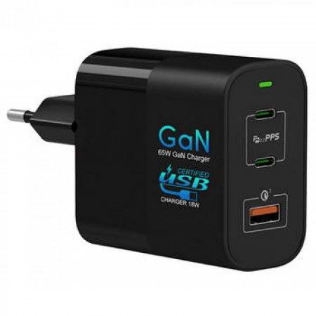 CARREGADOR HQ USB TIPO C + USB A QC + PD 65W PRETO