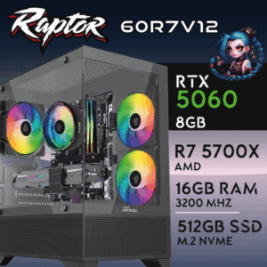 Computador Gaming NANOCHIP 60R7V12 - RTX 5060 8GB | RYZEN7 5700X | 2 x RAM 8GB DDR4 CL22 | SSD NVME 512GB 3400/2400 PCIE3  (Sem Sistema Operativo)