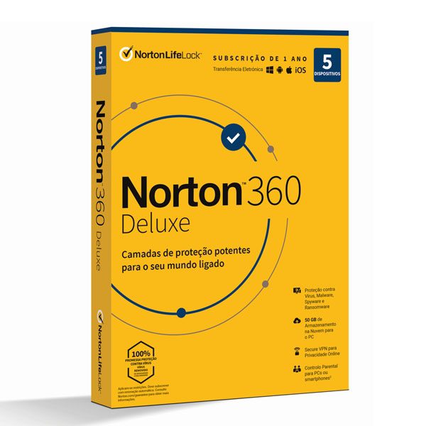Anti-Vírus NORTON 360 Deluxe 5 Dispositivos 1 Ano - nanoChip
